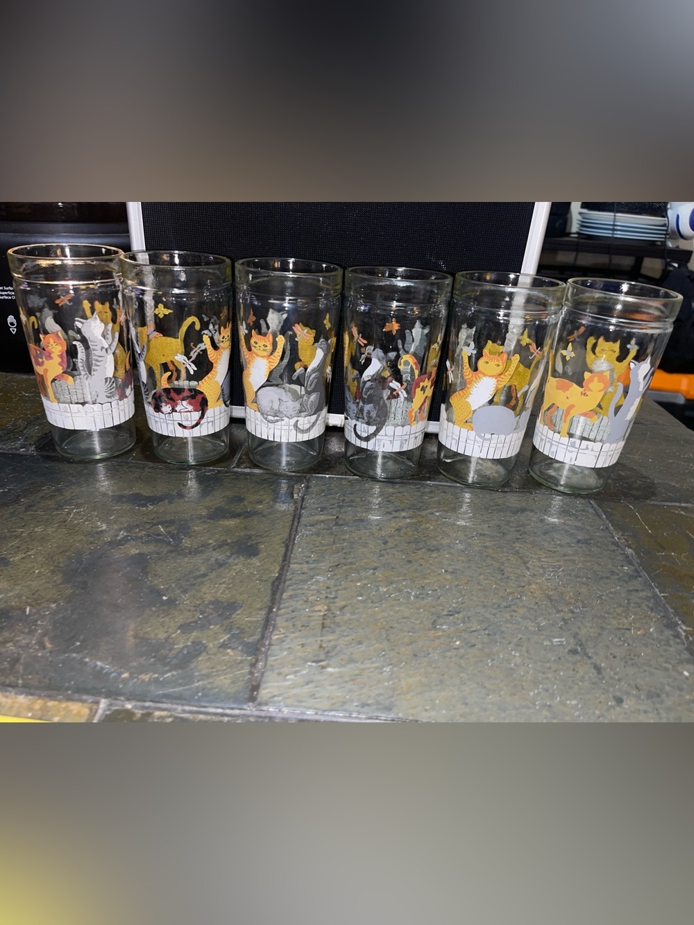 Vtg Anchor Hocking Cats Butterfies Dragonflies Glass Tumblers Set of 6